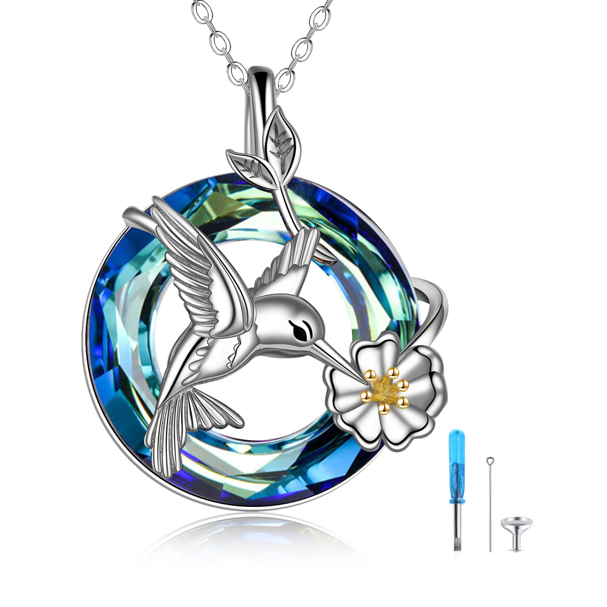 Sterling Silber zweifarbig Kristall Kolibri Urne Halskette für Asche-1