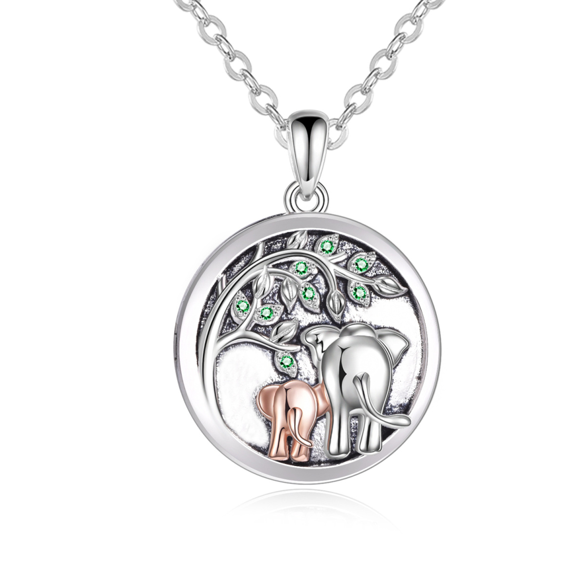 Sterling Silver Two-tone Circular Shaped Zircon Elephant Personalized Photo Locket Necklace-1