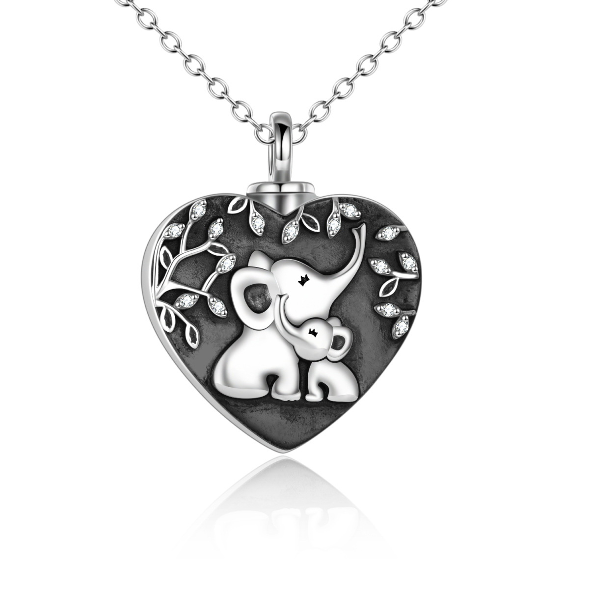 Sterling Silver Heart Mom Elephant & Baby Urn Necklace for Ashes with Engraved Word-1