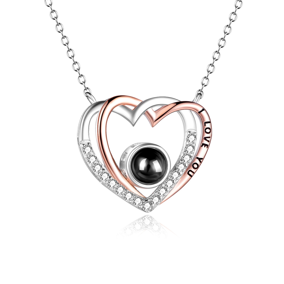 Sterling Silver Two-tone Projection Stone Heart Pendant Necklace-1