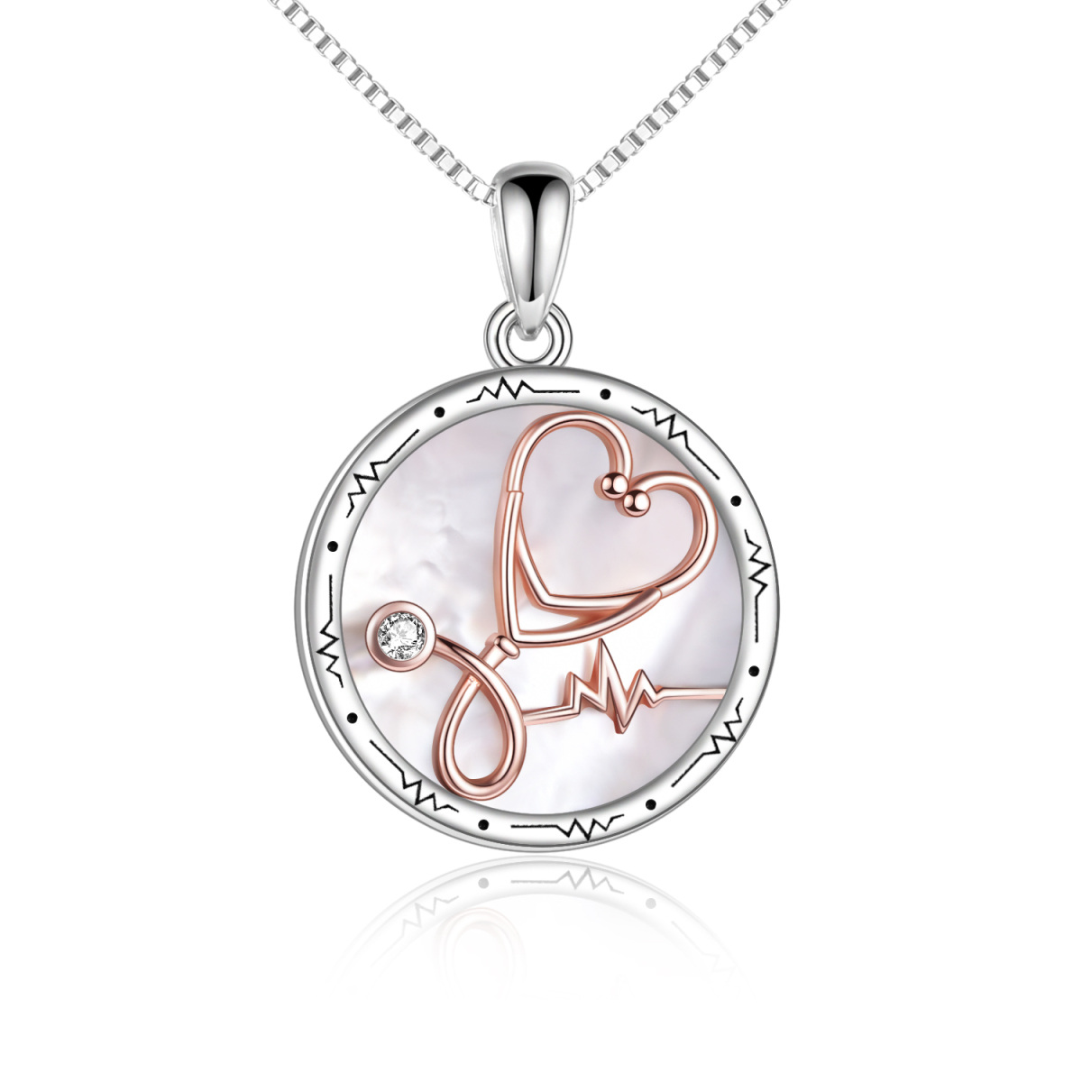 Sterling Silver Two-tone Cubic Zirconia Stethoscope Mother Of Pearl Heart Pendant Necklace-1