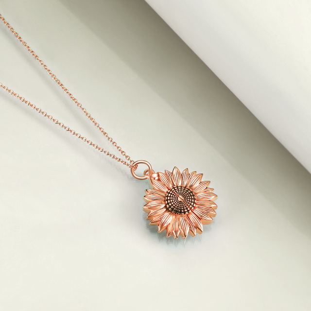Sterling Silver with Rose Gold Plated Sunflower & Personalized Photo Personalized Photo Locket Necklace with Engraved Word-2
