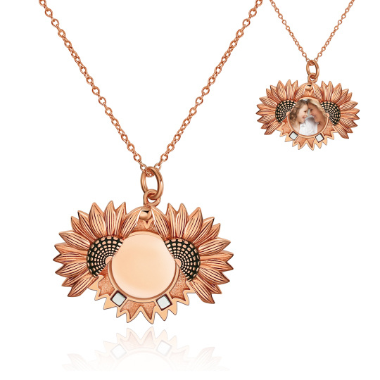 Sterling Silver with Rose Gold Plated Sunflower & Personalized Photo Personalized Photo Locket Necklace with Engraved Word