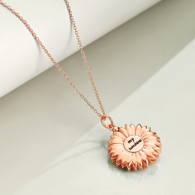 Sterling Silver with Rose Gold Plated Sunflower & Personalized Photo Personalized Photo Locket Necklace with Engraved Word-3