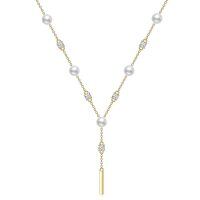 wholesale 14k Yellow Gold Pearl Moissanite Drop Bar Lariat Necklace-