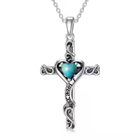 TOUPOP Sterling Silver Birthstone Heart Cross Pendant Necklace For Women-color_name:12-Turquoise-December