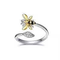 TOUPOP Sterling Silver Gemstone Bee Hummingbird Butterfly Ladybug Dragonfly Owl Open Rings-style_name:1-Bee