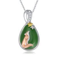 wholesale Green Jade Necklace Sterling Silver Teardrop Hummingbird/dragonfly/butterfly/bee/cat/cardinal/owl/fox/sloth Natural Jade Jewelry Birthday Christmas Gifts Women Mom Wife -style_name:Fox-White Gold