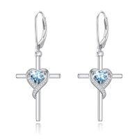 wholesale TOUPOP Birthstone Cross Earrings 925 Sterling Silver Heart Cross Drop Dangle Earrings Fine Jewelry Birthday Christmas Gifts For Women Her -color_name:03-Aquamarine-Mar.