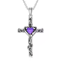 TOUPOP Sterling Silver Birthstone Heart Cross Pendant Necklace For Women-color_name:02-Amethyst-February