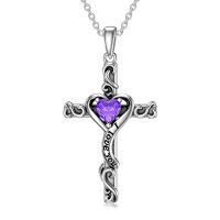 wholesale TOUPOP Birthstone Cross Necklace For Women 925 Sterling Silver Heart Cross Pendant Necklace I Love You Jewelry Anniversary Birthday Christmas Gifts For Her Mom Wife Girlfriend -color_name:02-Amethyst-February