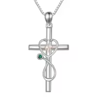 TOUPOP Sterling Silver Birthstone Stethoscope Cross Necklace for Nurse-color_name:05-May-Emerald