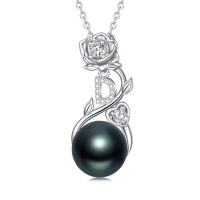 wholesale Rose Black Pearl Necklace Sterling Silver Black Pearl Rose Initial A To Z Letter Pendant Necklace Anniversary Jewelry Christmas Valentine Birthday Gifts For Women Wife Her Mom -style_name:Rose Letter D