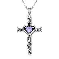 TOUPOP Sterling Silver Birthstone Heart Cross Pendant Necklace For Women-color_name:06-Alexandrite-June