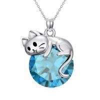 wholesale Cat Birthstone Necklace 925 Sterling Silver Cats Pendant Jewelry Birthday Christmas Gifts For Women Cat Lovers -color_name:03-March-Aquamarine