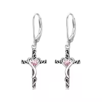 TOUPOP Sterling Silver Birthstone Heart Cross Dangle Drop Earrings-color_name:10-October-Pink Tourmaline