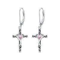 wholesale TOUPOP Birthstone Cross Earrings 925 Sterling Silver Heart Cross Dangle Drop Earrings Fine Jewelry Birthday Christmas Gifts For Women Her Girlfriend -color_name:10-October-Pink Tourmaline