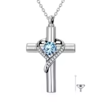 TOUPOP Sterling Silver Birthstone Cross Urn Necklace For Ashes Memorial Keepsake-color_name:03-March-Aquamarine