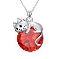 wholesale Cat Birthstone Necklace 925 Sterling Silver Cats Pendant Jewelry Birthday Christmas Gifts For Women Cat Lovers -color_name:07-July-Ruby