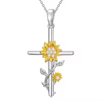TOUPOP 925 Sterling Silver Sunflower Mushroom Lotus Cross Pendant Necklace-style_name:Sunflowers