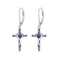 TOUPOP Sterling Silver Birthstone Heart Cross Dangle Drop Earrings-color_name:09-September-Sapphire