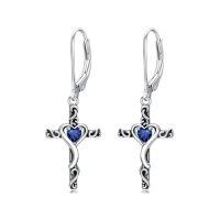 wholesale TOUPOP Birthstone Cross Earrings 925 Sterling Silver Heart Cross Dangle Drop Earrings Fine Jewelry Birthday Christmas Gifts For Women Her Girlfriend -color_name:09-September-Sapphire