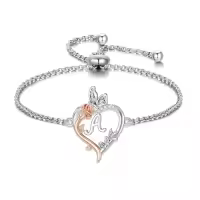 TOUPOP Sterling Silver & Crystal Rose Heart Initial Letter Link Bracelet-style_name:Initial A