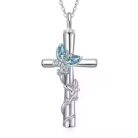 TOUPOP White Gold Plated S925 Sterling Silver with Birthstone Butterfly Urn Necklace for Ashes-color_name:Butterfly Cross Urn-Mar