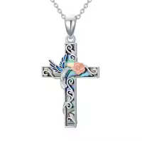 TOUPOP Sterling Silver Abalone Shell Butterfly Ladybug Hummingbird Dragonfly Bee Rose Cross Pendant-style_name:Hummingbird
