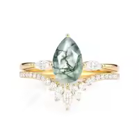 TOUPOP 10K 14K 18K Gold Natural Moss Agate Moissanite Pear Ring Set-style_name:C Moss Agate Gold Ring