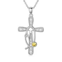 TOUPOP Sterling Silver Birthstone Cross Stethoscope Nursing Necklace Pendant-style_name:11-Nov-Citrine