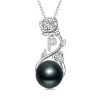 TOUPOP Sterling Silver Black Pearl Rose Letter Pendant Necklace-style_name:Rose Letter P