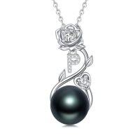 wholesale Rose Black Pearl Necklace Sterling Silver Black Pearl Rose Initial A To Z Letter Pendant Necklace Anniversary Jewelry Christmas Valentine Birthday Gifts For Women Wife Her Mom -style_name:Rose Letter P