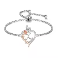 TOUPOP Sterling Silver & Crystal Rose Heart Initial Letter Link Bracelet-style_name:Initial X