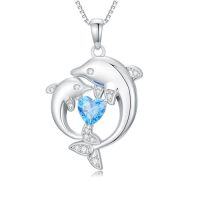 wholesale TOUPOP Double Dolphin Necklaces For Women Sterling Silver Dolphin Gifts Heart Love Necklace For Her Anniversary Birthday Gifts For Women Sister Wife Mom -style_name:Crystal