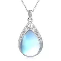 TOUPOP Sterling Silver Gemstone Teardrop Filigree Pendant Necklace-style_name:Moonstone