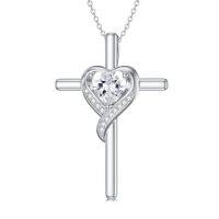 wholesale TOUPOP Birthstone Cross Necklace For Women 925 Sterling Silver Heart Cross Pendant Necklace Birthday Christmas Jewelry Gifts For Her Girlfriend -color_name:04-Diamond-Apr.
