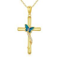 TOUPOP 14K Gold Opal Turquoise Cross Pendant Necklace-style_name:Butterfly Cross