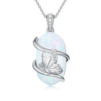 wholesale Opal Mama Bear/panda/cat/koala/sloth/cardinal/unicorn Necklace 925 Sterling Silver Opal Animal Pendant Jewelry Birthday Christmas Gifts Women Her -color_name:Butterfly