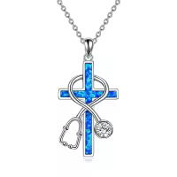 TOUPOP Sterling Silver Stone Nurse Stethoscope Cross Necklace Gift-style_name:A00-Blue Opal Stethoscope