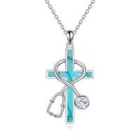 TOUPOP Sterling Silver Stone Nurse Stethoscope Cross Necklace Gift-style_name:A02-Turquoise Stethoscope