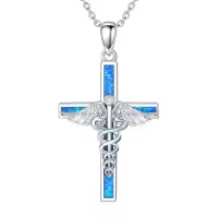 TOUPOP Sterling Silver Stone Nurse Stethoscope Cross Necklace Gift-style_name:B01-Blue Opal Caduceus