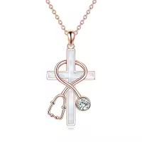 TOUPOP Sterling Silver Stone Nurse Stethoscope Cross Necklace Gift-style_name:A01-White Opal Stethoscope(Rose Gold)