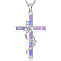 TOUPOP Sterling Silver Purple Opal Butterfly Cross Pendant Necklace Jewelry Christmas Valentine Mothers Day Birthday Gifts for Women Girls Her Wife-color_name:Created Purple Opal
