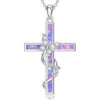 wholesale TOUPOP Cross Necklace For Women 925 Sterling Silver Butterfly Pendant Necklace Blue/white/purple/pink Opal Jewelry Gifts For Women Her Wife Girlfriend Birthday Christmas Gifts Ideas -color_name:Created Purple Opal