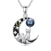 TOUPOP Sterling Silver Moissanite Black Freshwater Pearl Pendant Necklace-style_name:Moon Cat