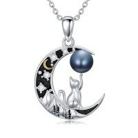 wholesale Black Pearl Necklacce For Women Sterling Silver Moissanite Black Freshwater Pearl Pendant Necklace Anniversary Jewelry Christmas Birthday Valentine Gifts For Women Wife Her Mom -style_name:Moon Cat
