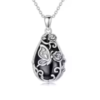 TOUPOP Sterling Silver Onyx Hummingbird Dragonfly Butterfly Snake Octopus Pendant Necklace-style_name:Black Onyx-Butterfly