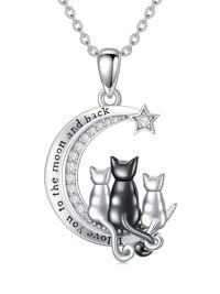 wholesale TOUPOP Cat Necklace For Women 1/2/3 Cats 925 Sterling Silver Engraved Cat On The Moon Pendant Birthday Anniversary Holiday Gift For Cat Lovers -style_name:3 Cats on the Moon