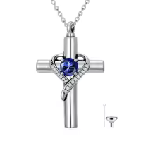 TOUPOP Sterling Silver Birthstone Cross Urn Necklace For Ashes Memorial Keepsake-color_name:09-September-Sapphire